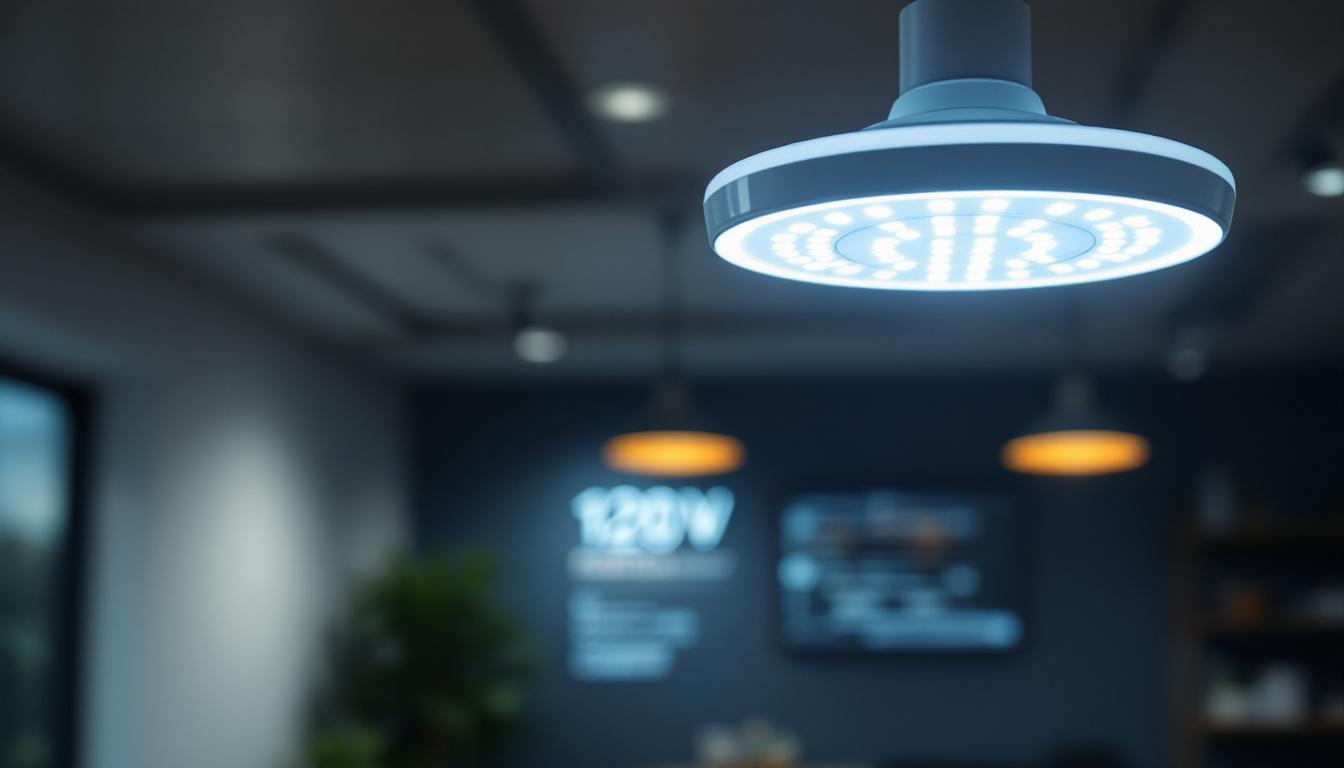 A photograph of a well-lit indoor space featuring a modern 120v led light fixture