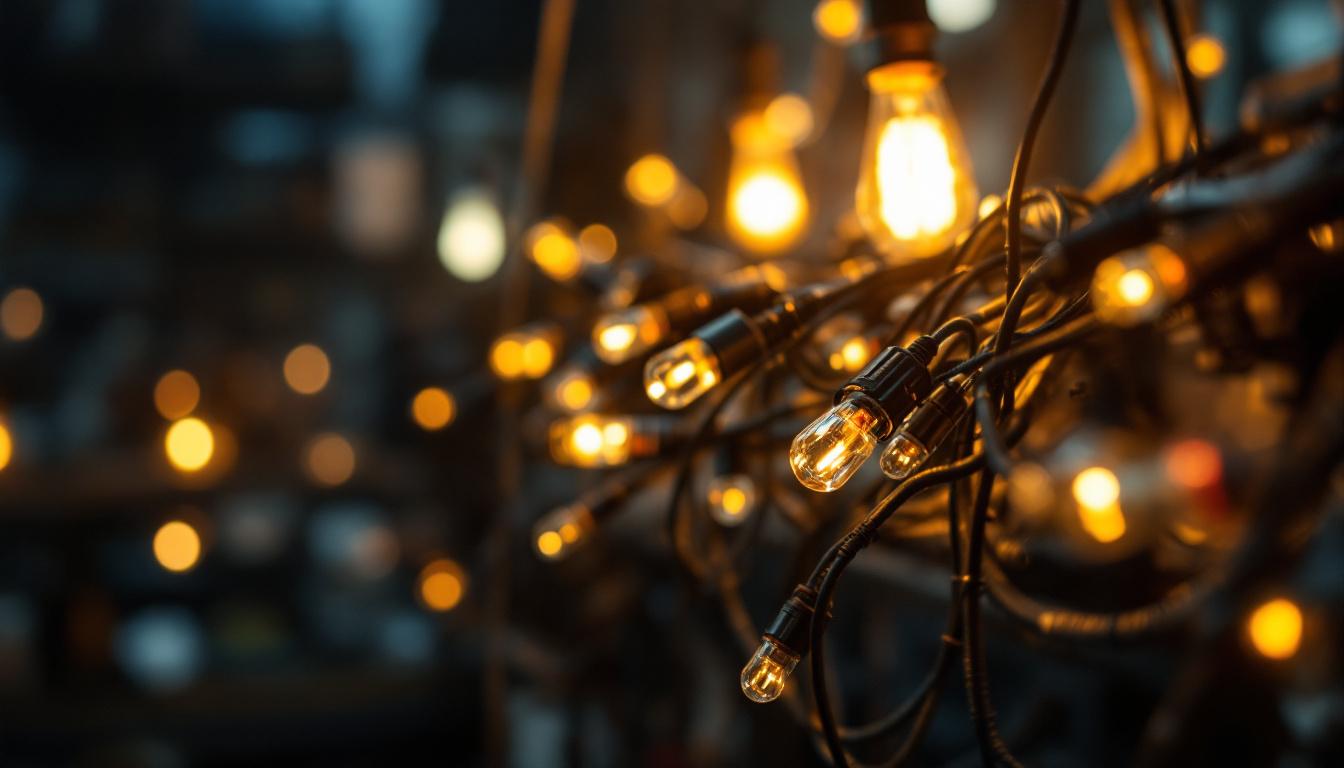 A photograph of a close-up of a power cable intricately woven with various lighting components