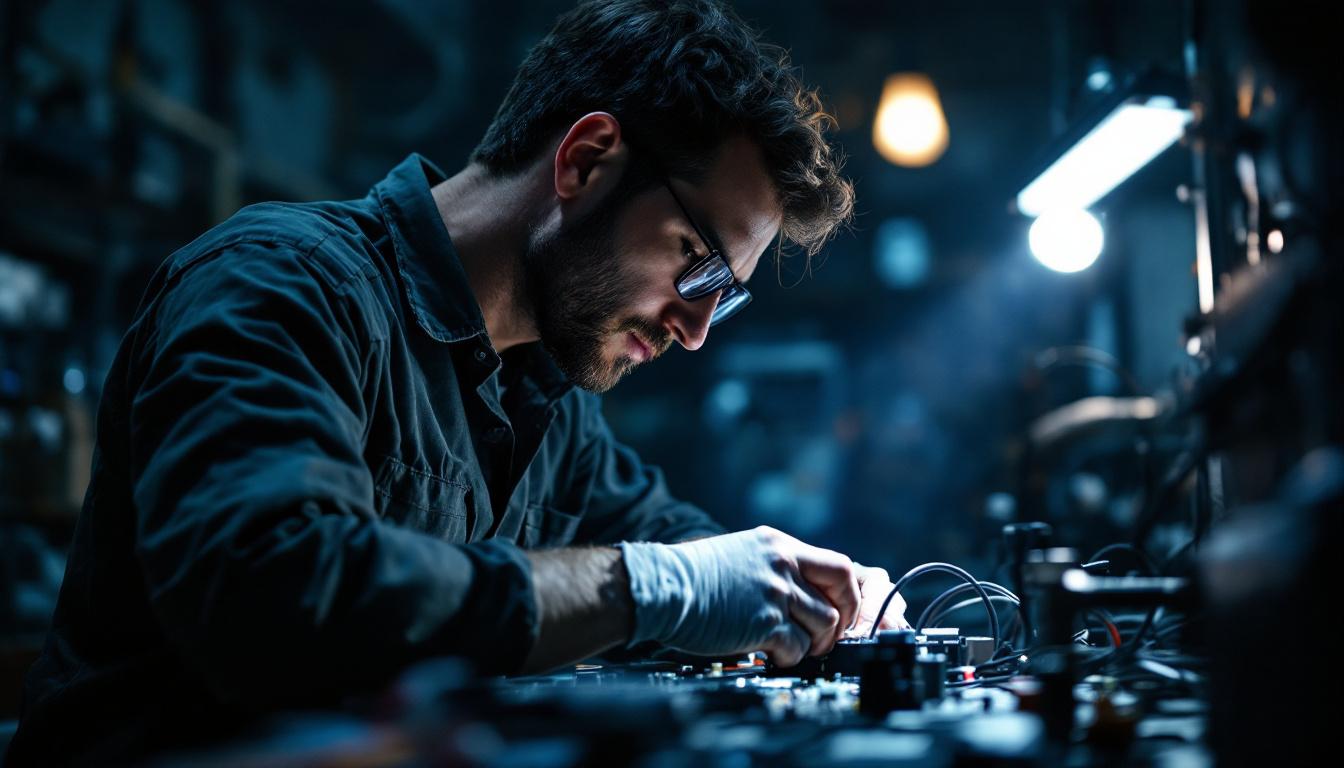 A photograph of a skilled electrical engineer using a corded led work light in a dimly lit workshop