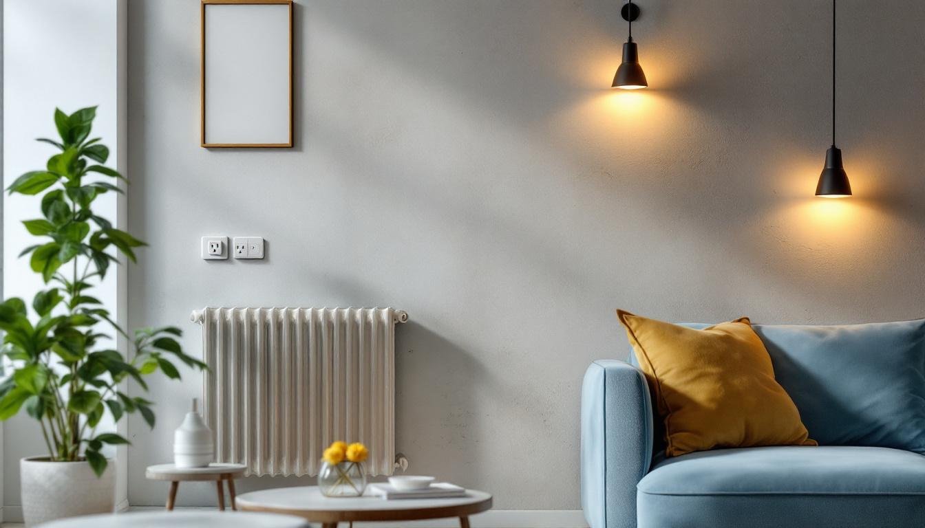 A photograph of a stylishly arranged living space showcasing various electric wall plugs and fixtures