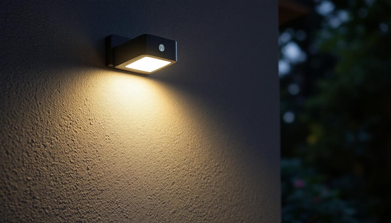 A photograph of a beautifully illuminated outdoor space featuring a sensor light in action