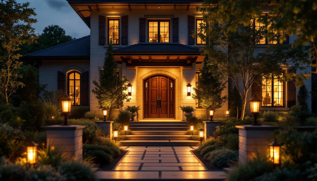 A photograph of a beautifully illuminated front entrance featuring energy-efficient lamps