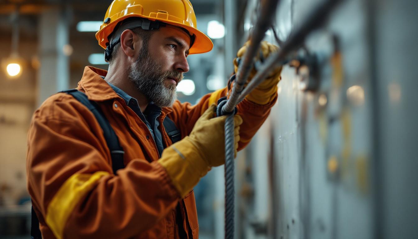 A photograph of a skilled electrician efficiently using a durable electrical cable pulling rope in an industrial setting