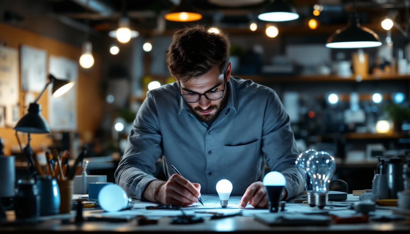 A photograph of a well-lit workspace featuring an engineer examining various led bulbs and lighting designs