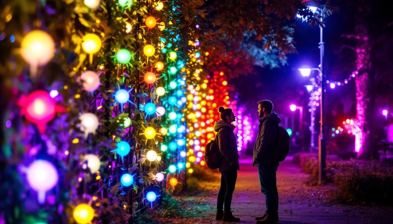 A photograph of a vibrant outdoor scene illuminated by multi-colored lights