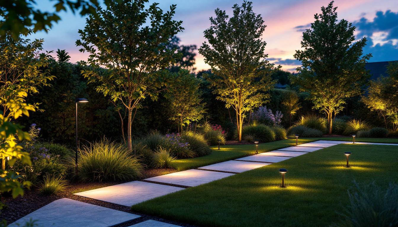 A photograph of a landscape lighting setup in a beautifully illuminated outdoor space