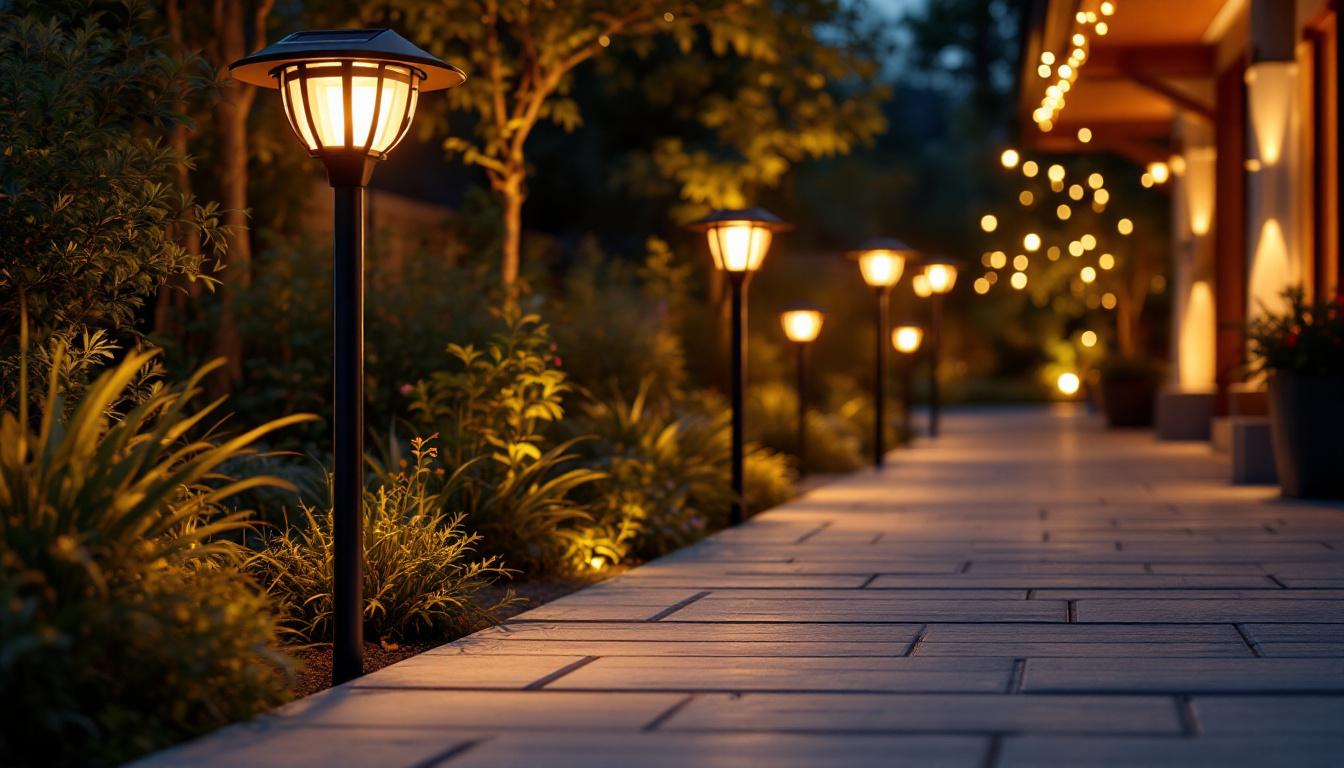 A photograph of a beautifully illuminated outdoor space featuring various styles of solar lights