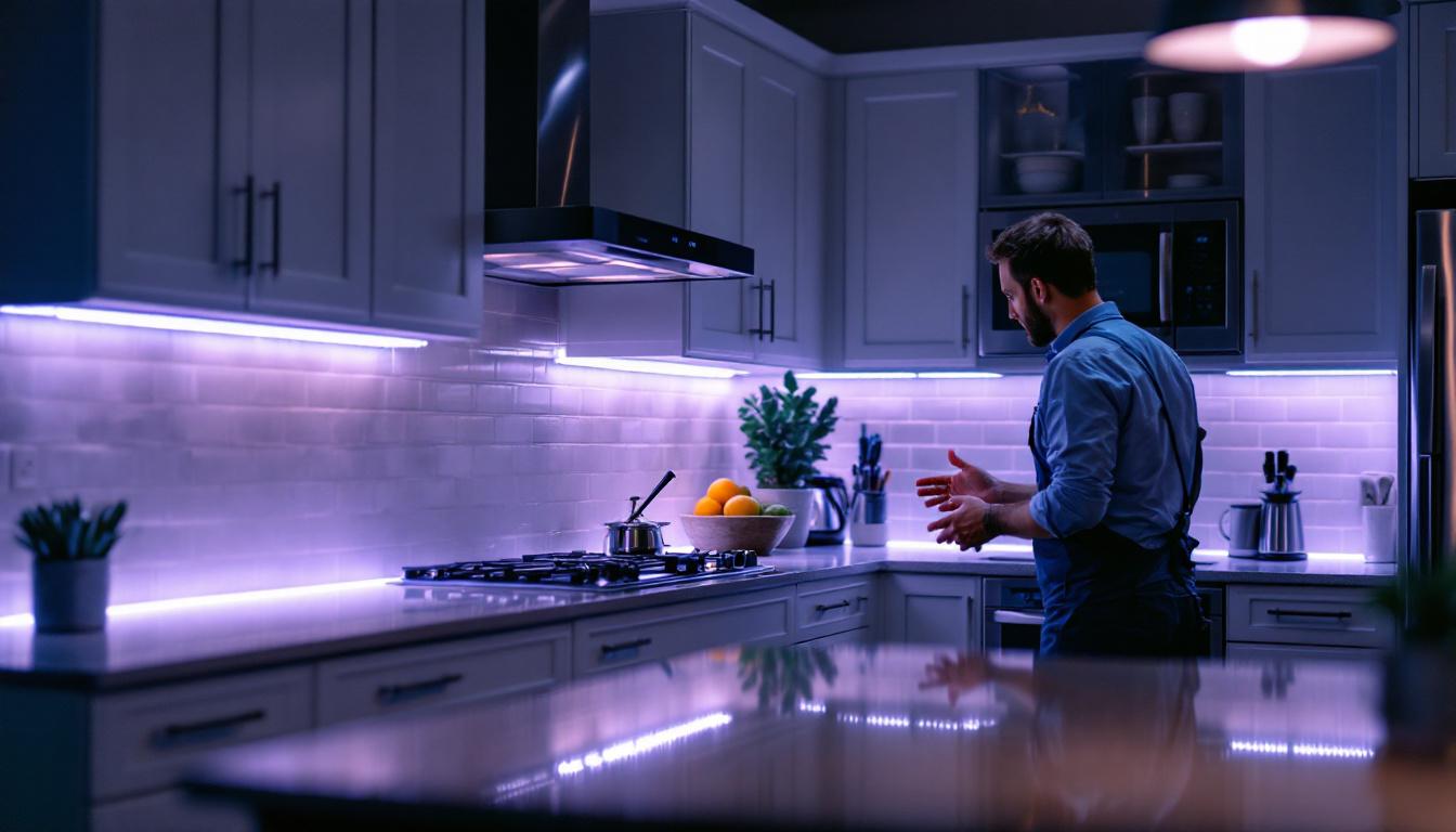A photograph of a well-designed kitchen featuring stylish under cabinet lighting