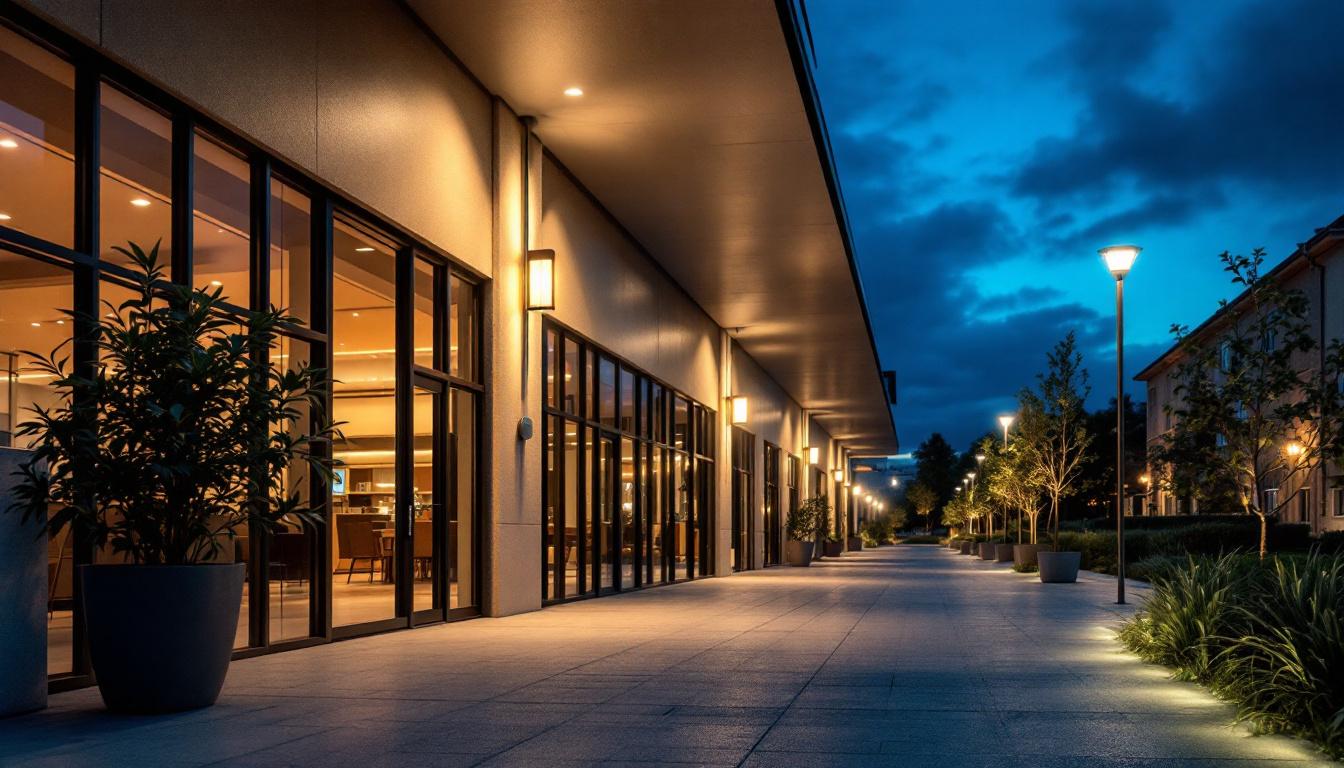 A photograph of a well-lit outdoor setting at dusk