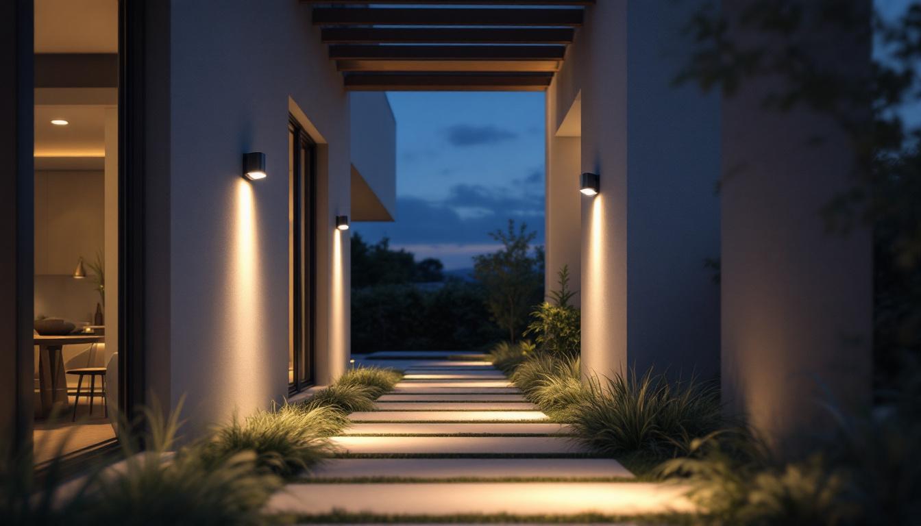 A photograph of a modern outdoor space featuring stylish motion sensor lights in action