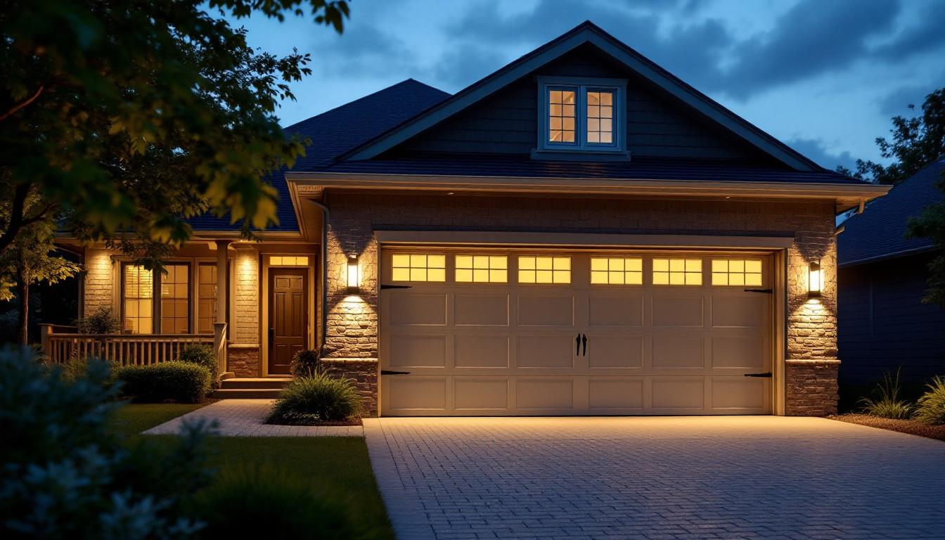 A photograph of a well-lit outdoor garage showcasing solar garage lights in action