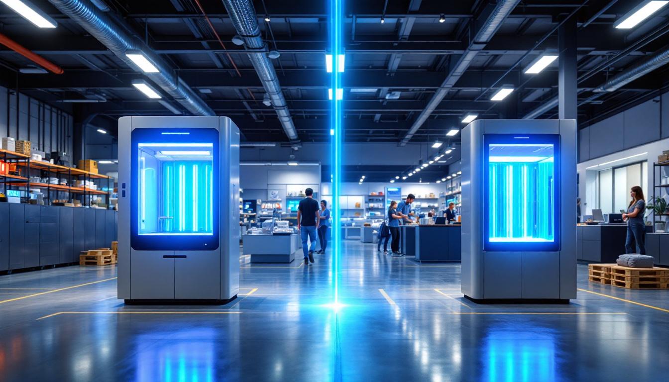 A photograph of a side-by-side comparison of an industrial uv light cleaner in a large facility and a sleek commercial uv light cleaner in a modern retail environment