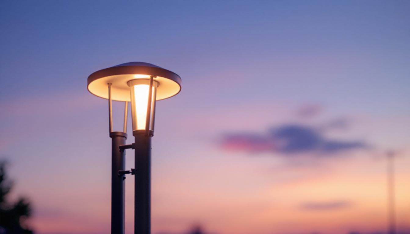 A photograph of a beautifully lit outdoor post light installation at dusk