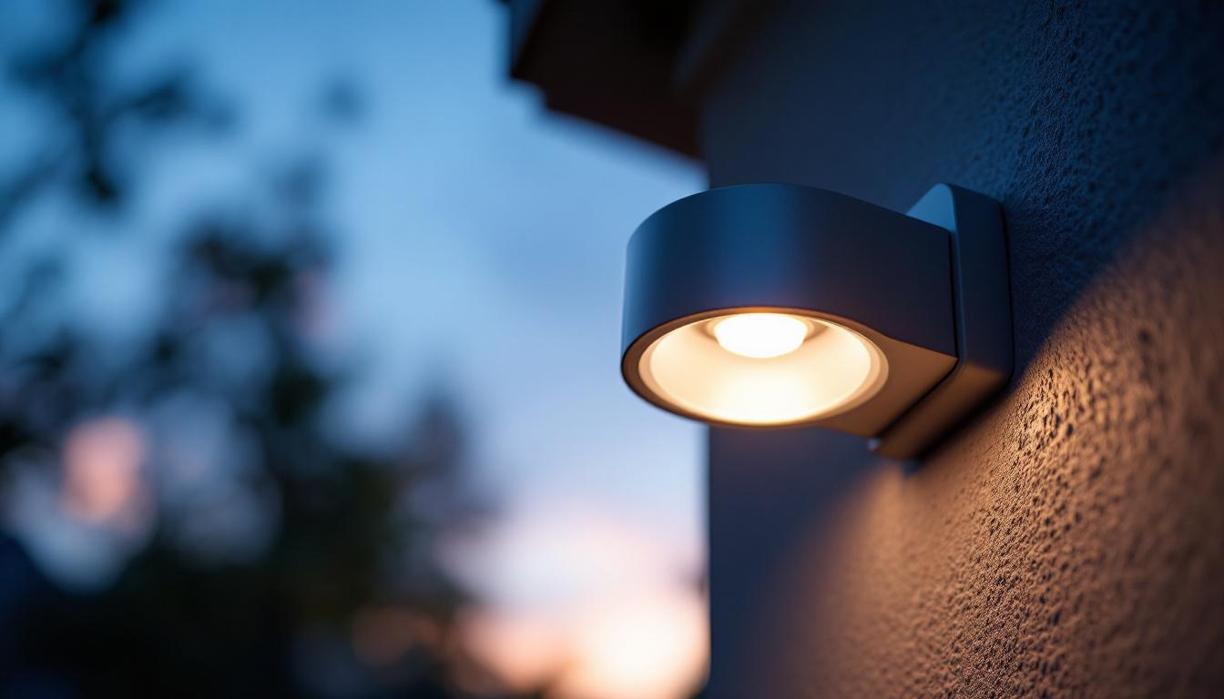 A photograph of a close-up shot of a led photocell sensor installed in an outdoor lighting fixture