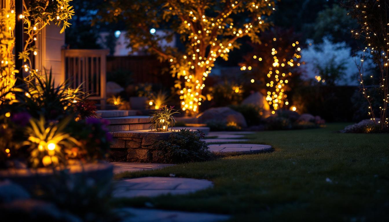 A photograph of a beautifully illuminated outdoor space featuring mini led lights in various settings