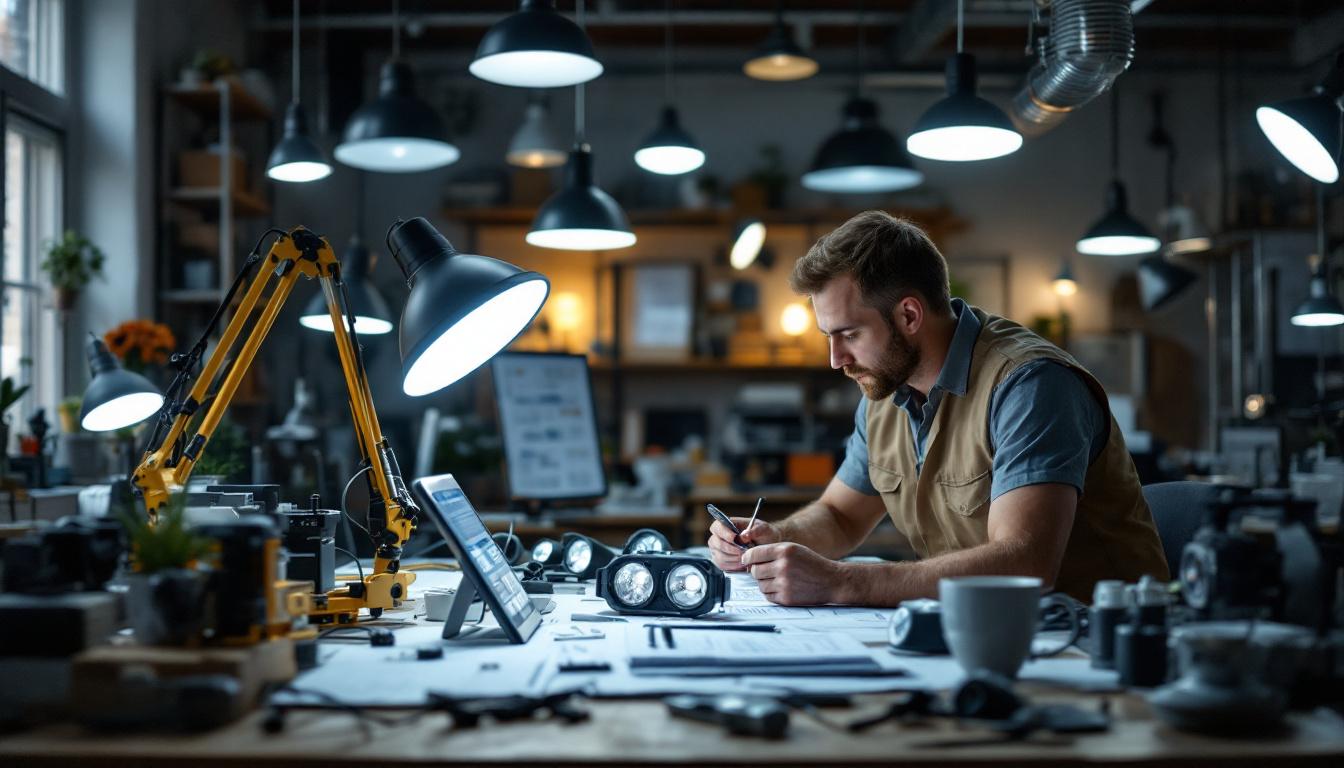 A photograph of a lighting engineer examining various lighting fixtures in a well-lit workspace
