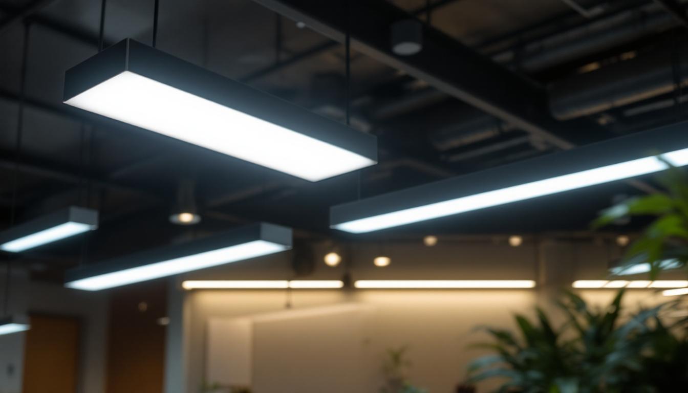 A photograph of a well-designed indoor space featuring various fluorescent light fixtures that demonstrate low-glare lighting