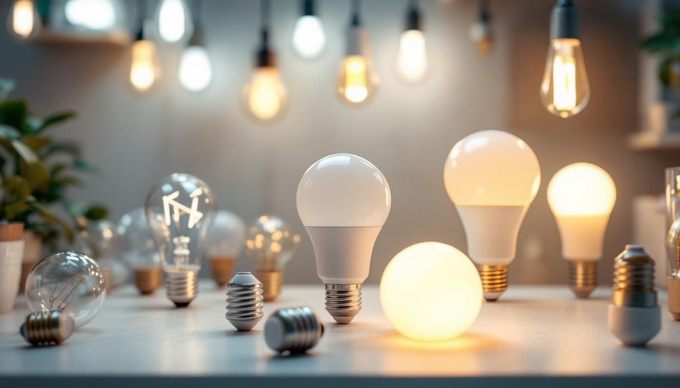 A photograph of a well-organized display of various types of light bulbs