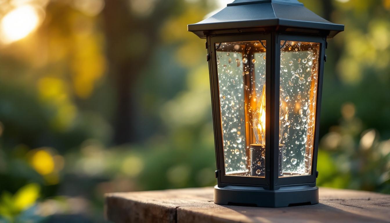 A photograph of a close-up of a beautifully designed outdoor lantern with a focus on its glass components