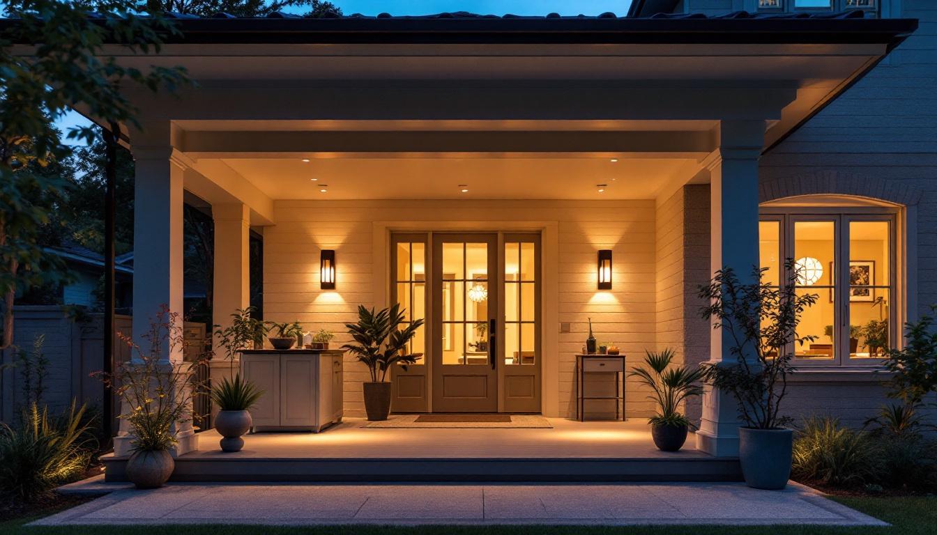 A photograph of a beautifully designed exterior porch with stylish ceiling light fixtures illuminating the space