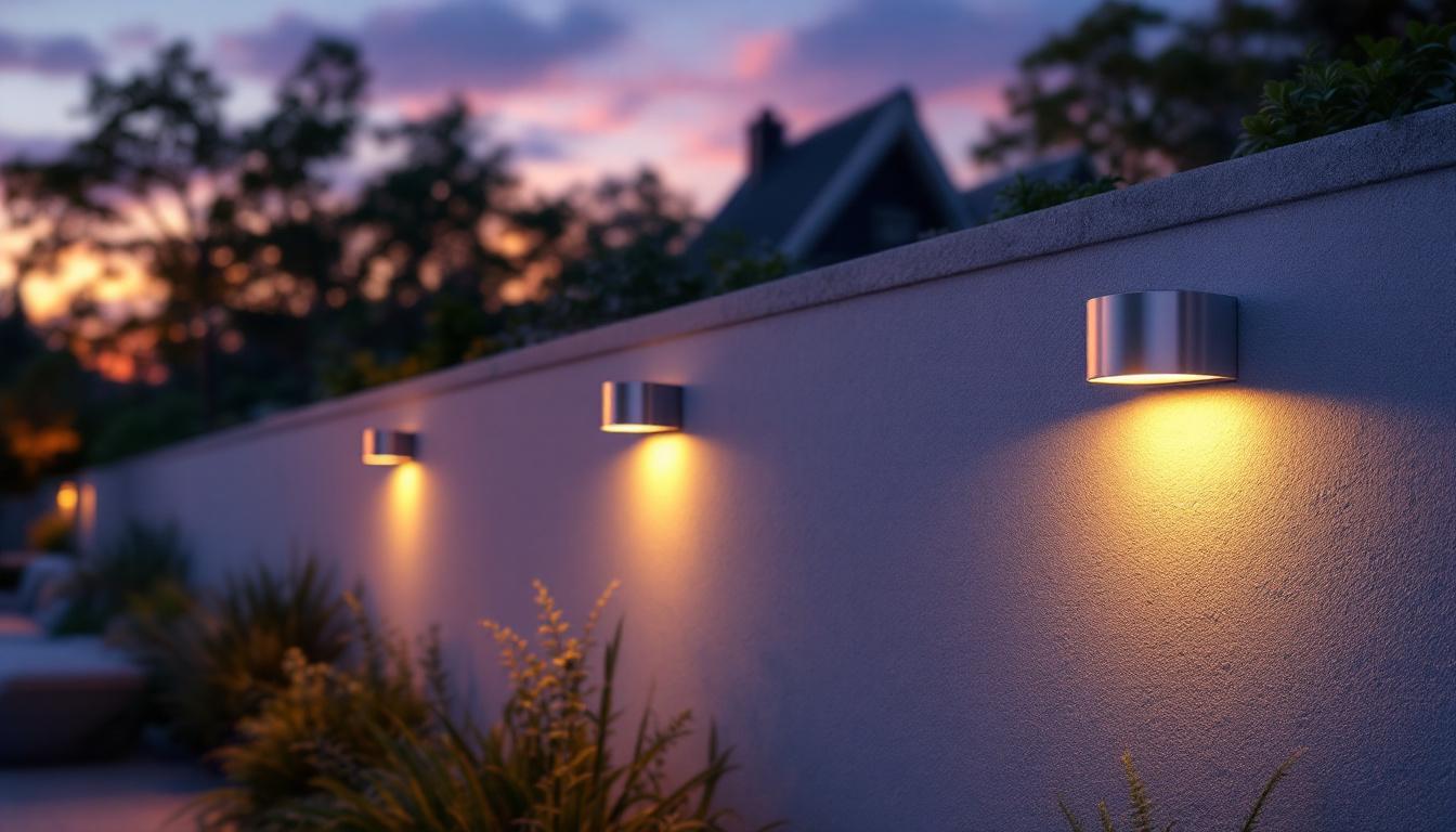 A photograph of a beautifully illuminated outdoor space featuring solar led wall lights