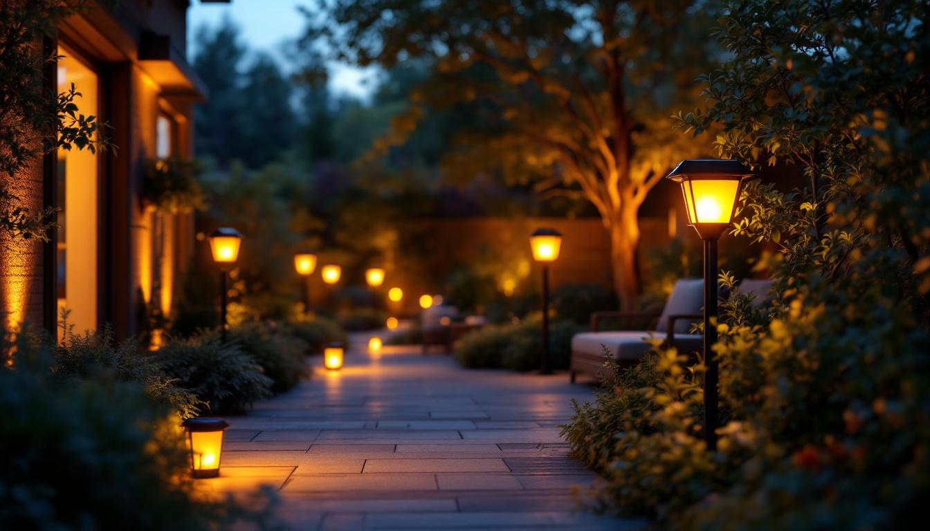 A photograph of a beautifully illuminated outdoor space featuring large solar lights