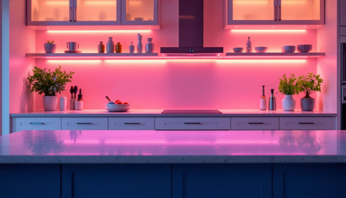 A photograph of a beautifully designed kitchen showcasing under cabinet lighting in action