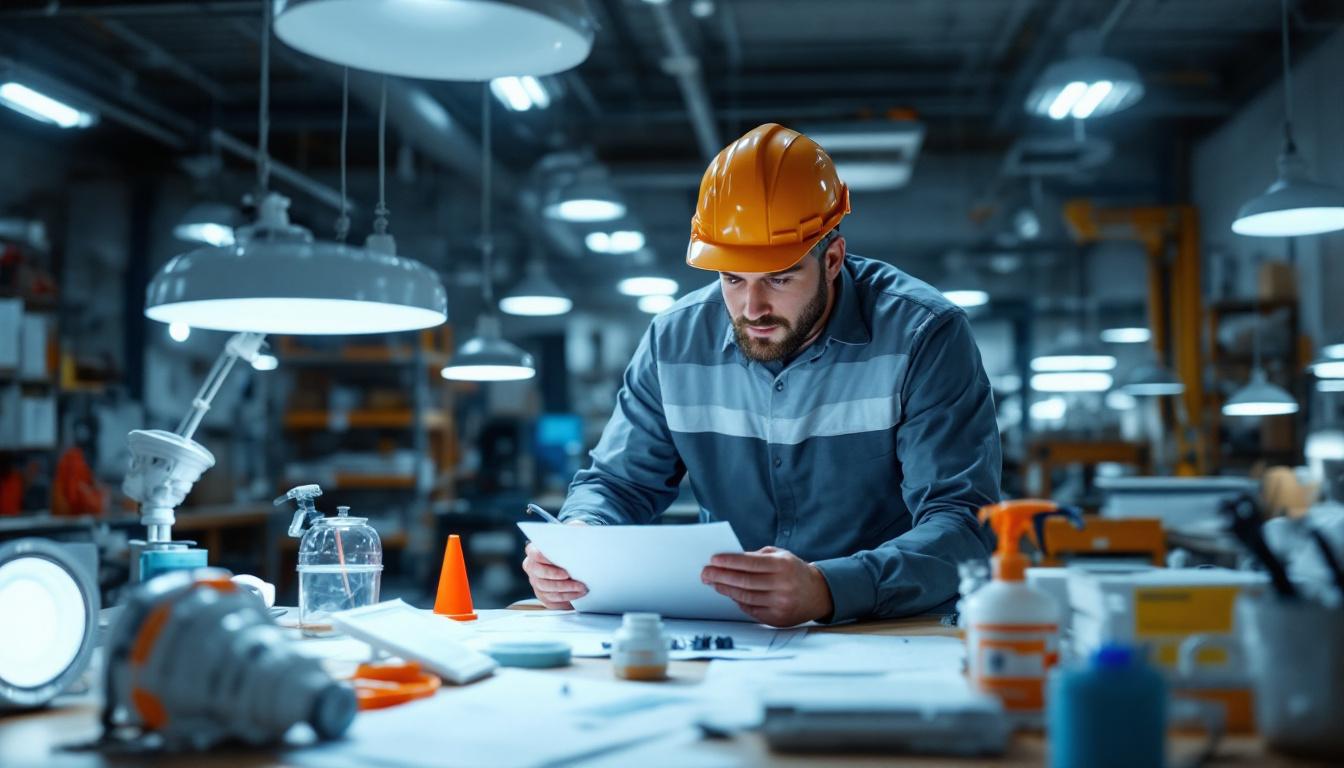 A photograph of a lighting engineer inspecting various lighting fixtures in a well-lit workspace