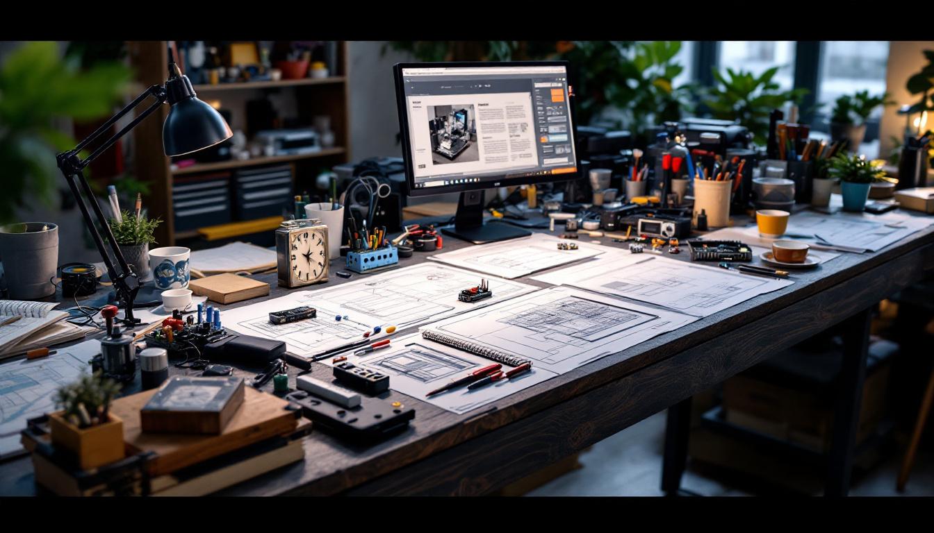 A photograph of a creative workspace featuring a 4ft by 4ft table cluttered with electrical engineering tools