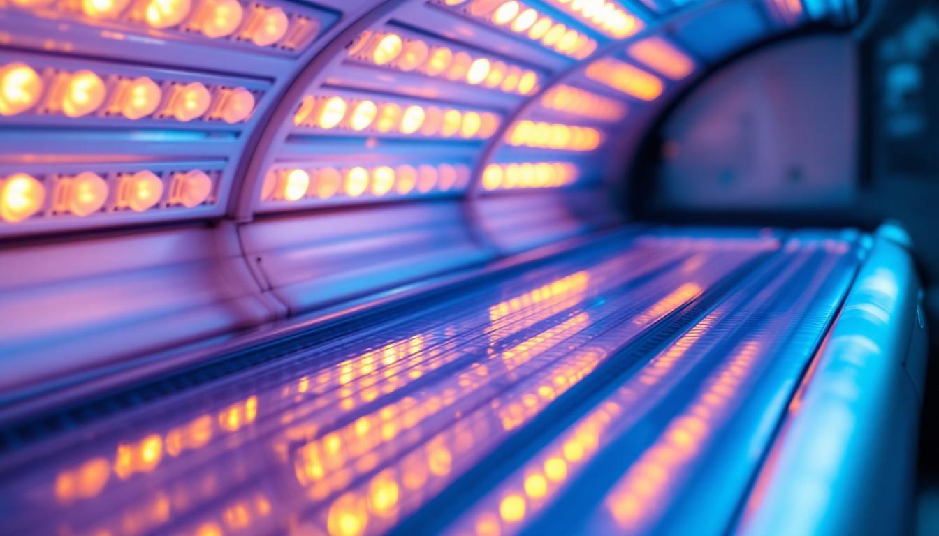 A photograph of capture a photograph of a modern tanning bed with its lamps illuminated