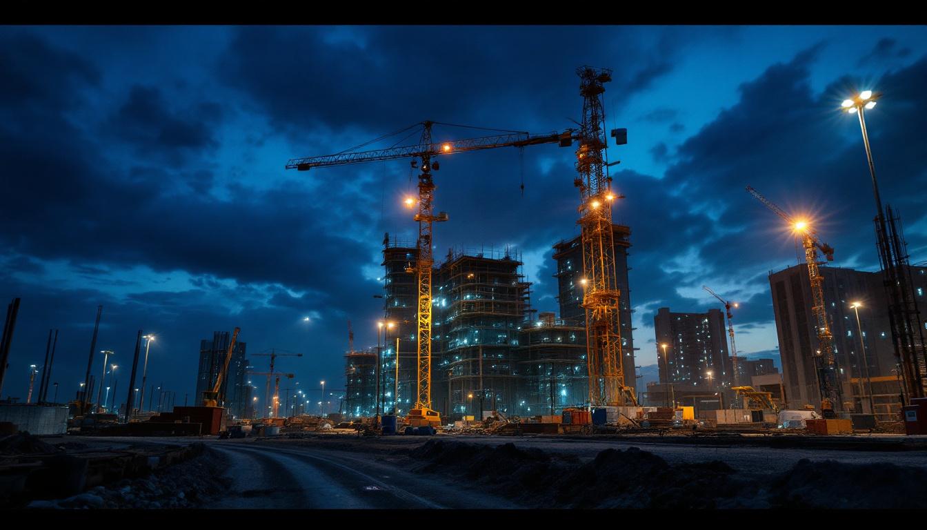A photograph of a well-lit construction site at dusk