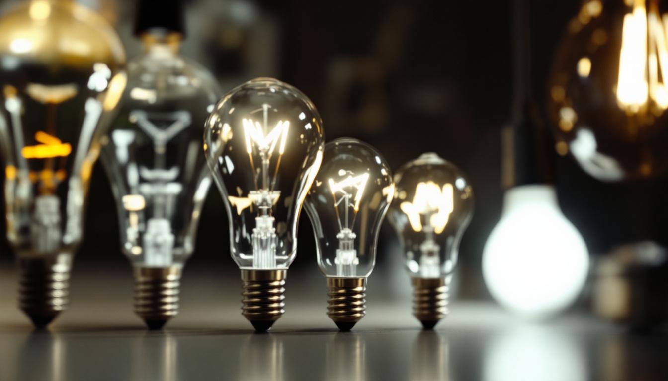 A photograph of a close-up shot of various standard bulb base types displayed alongside their corresponding light fixtures