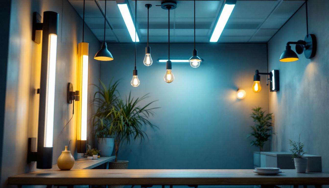 A photograph of a well-lit interior space showcasing a variety of fluorescent lamps in use