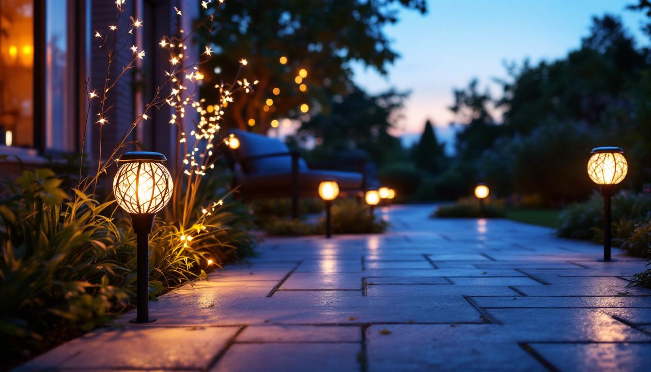 A photograph of a beautifully illuminated outdoor space featuring various styles of solar decorative lights