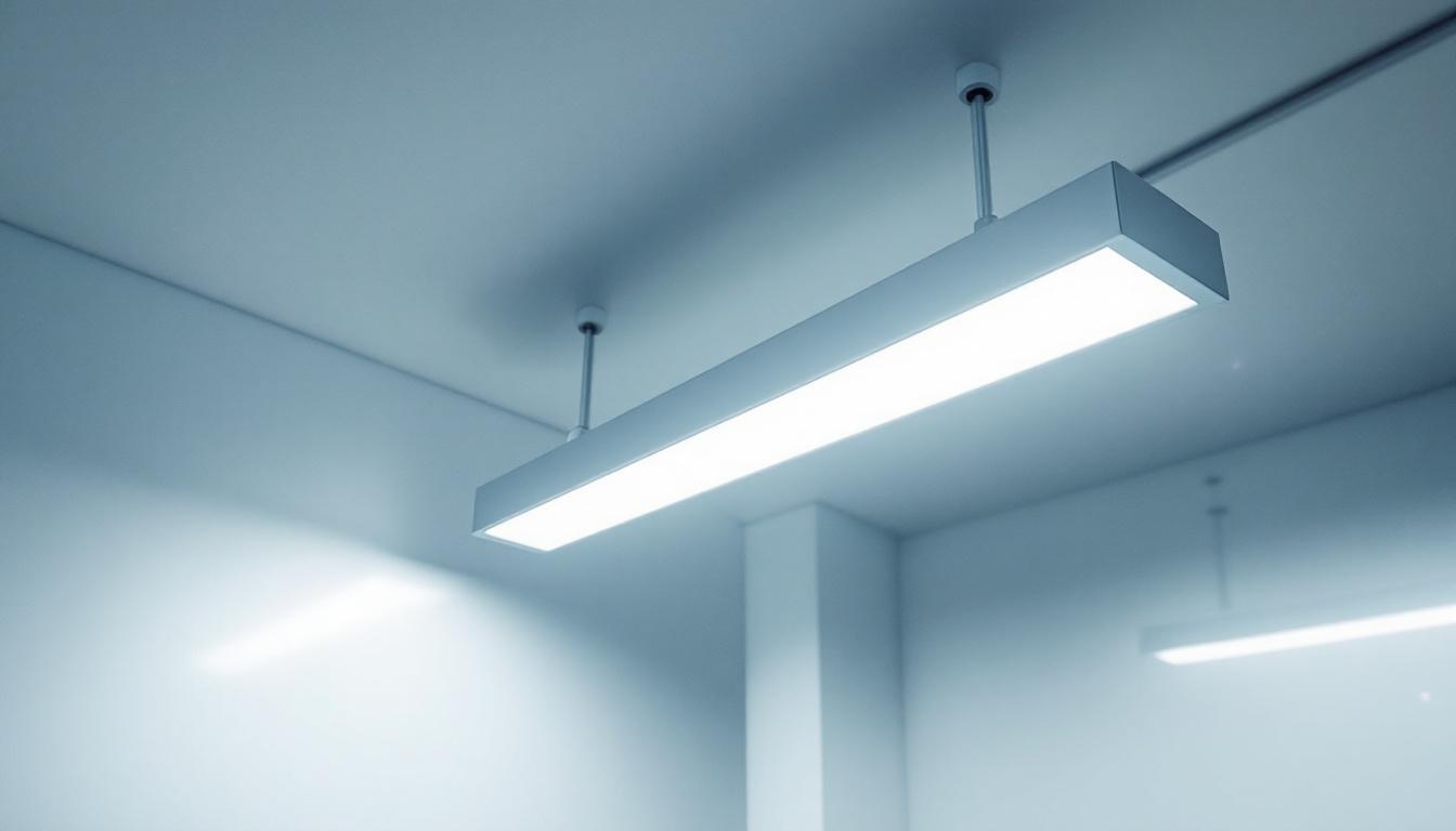A photograph of a well-lit indoor space showcasing a modern fluorescent fixture