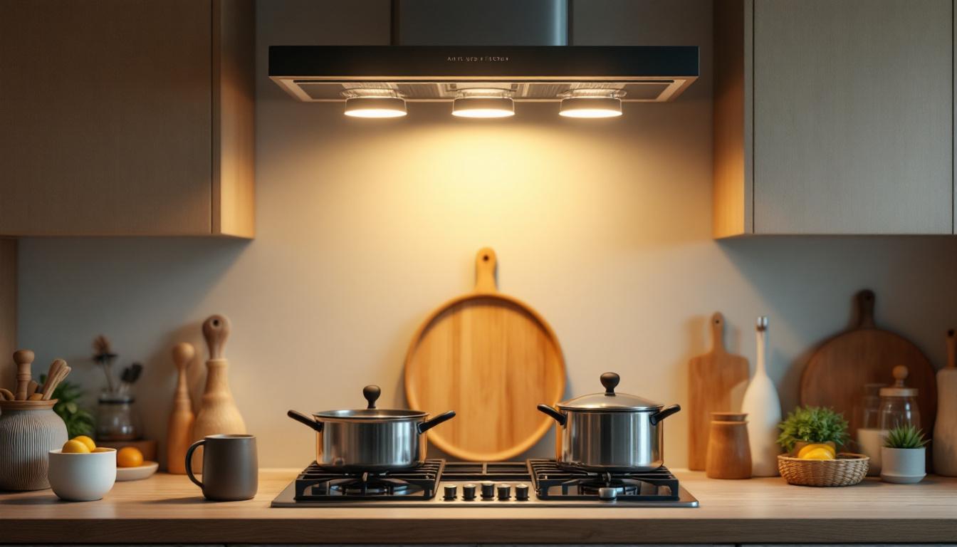 A photograph of a stylish and functional light fixture installed above a modern stove in a well-lit kitchen