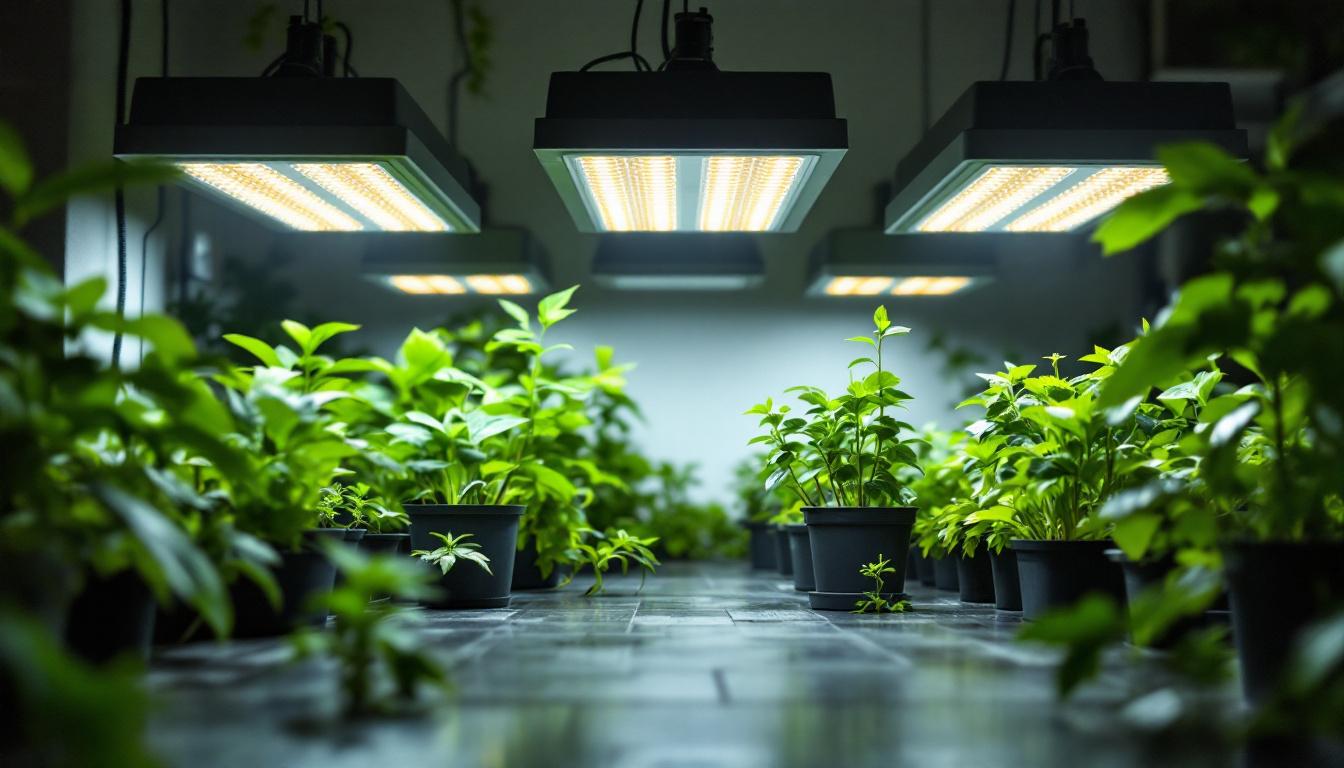 A photograph of a well-lit indoor gardening setup featuring various hydrofarm grow lights in action