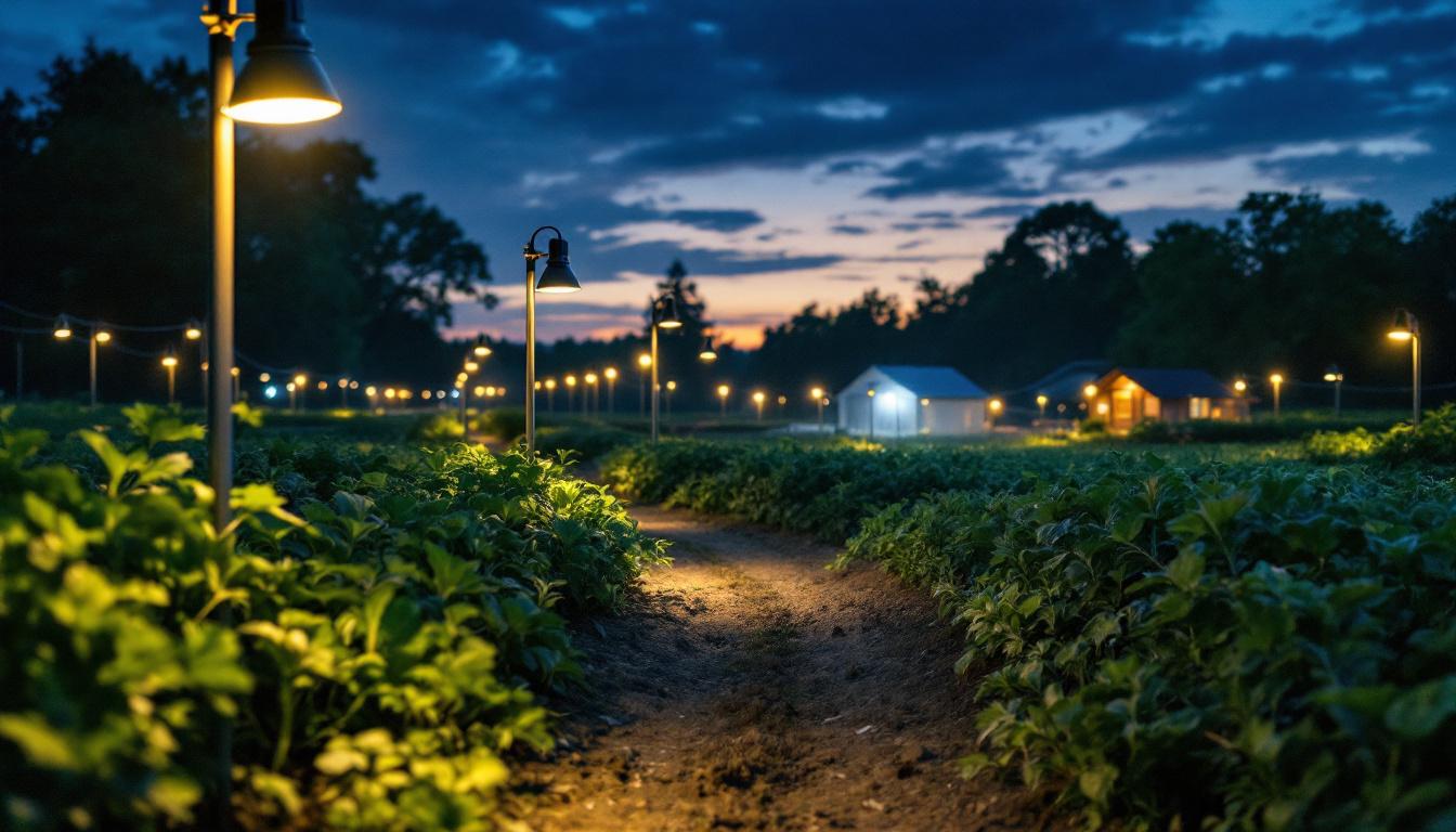 A photograph of a well-lit outdoor farm scene at dusk