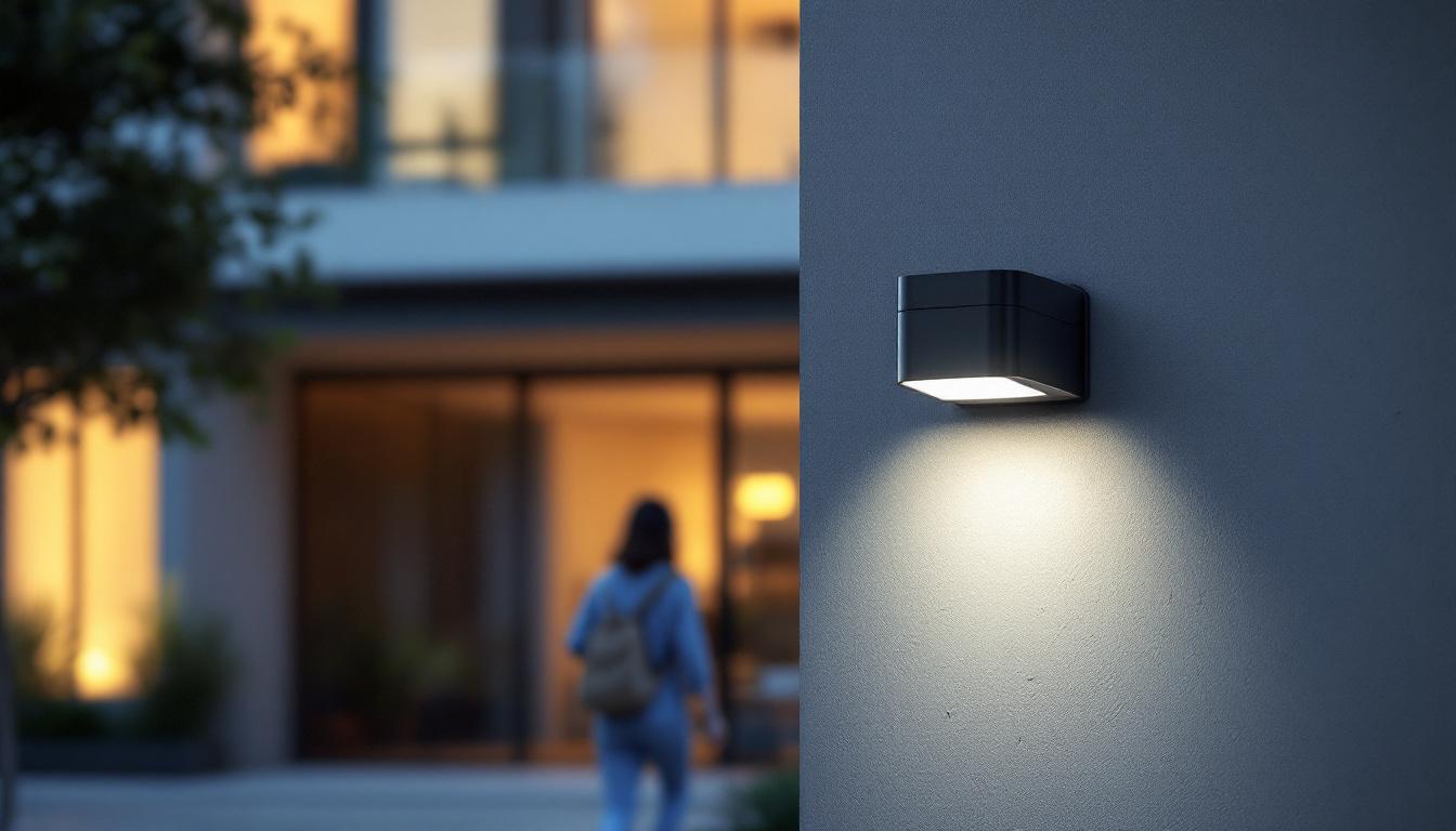 A photograph of a sleek post light motion detector installed in a modern outdoor setting