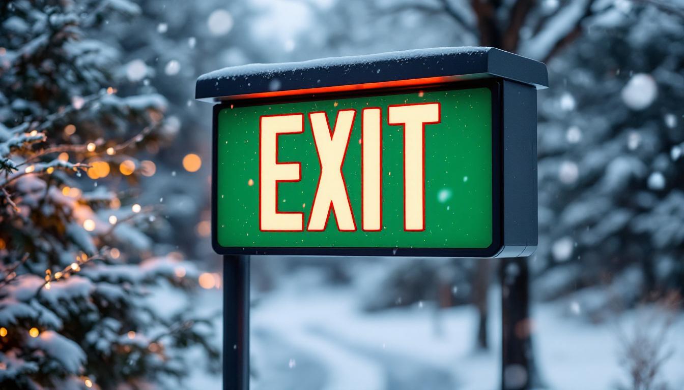 A photograph of a weatherproof exit sign prominently displayed in an outdoor setting