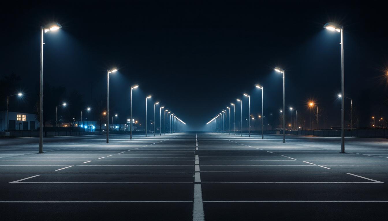 A photograph of a well-lit parking lot showcasing a contrast between industrial and commercial lighting fixtures