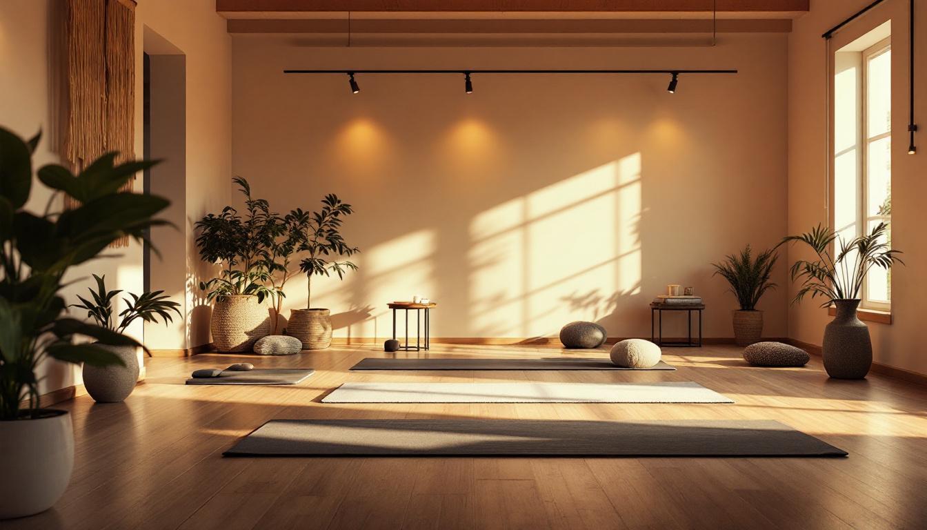 A photograph of a serene yoga studio environment featuring soft