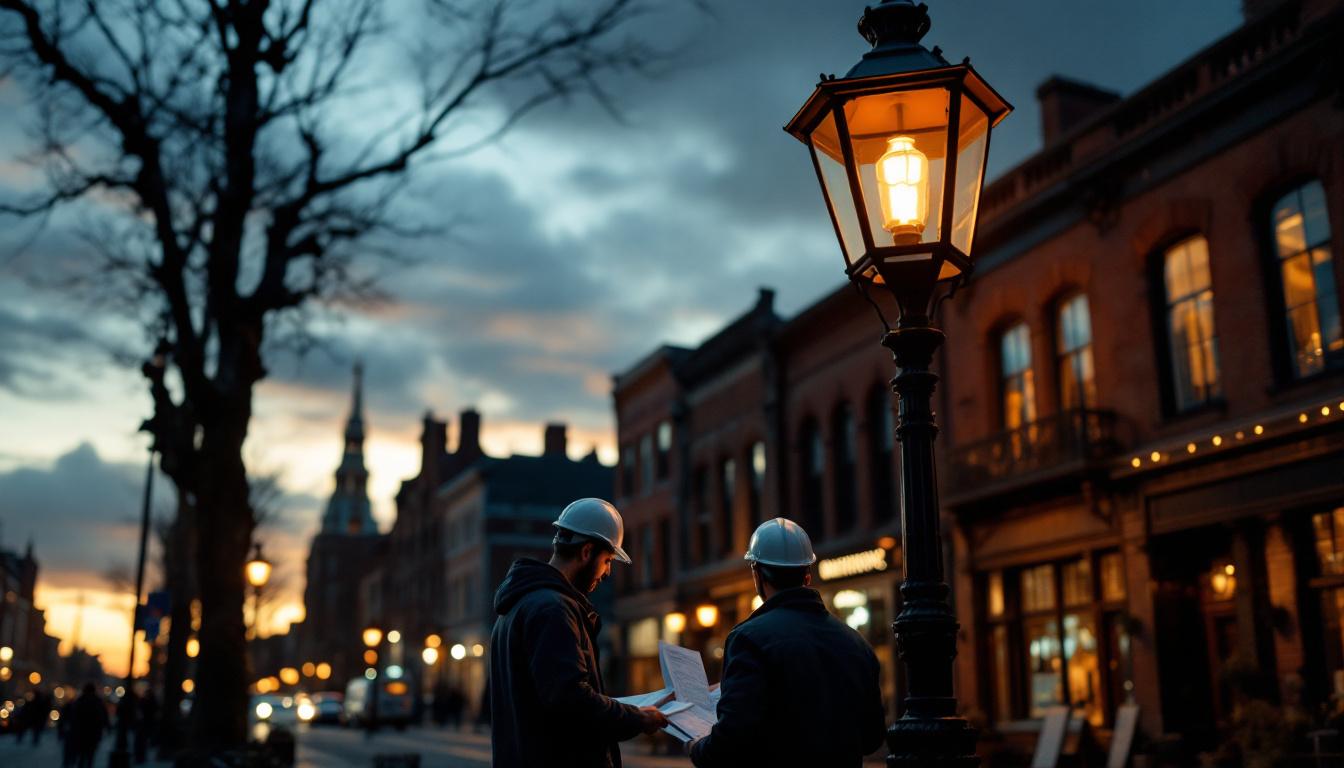 A photograph of a vintage gaslight illuminating a historic street scene at dusk