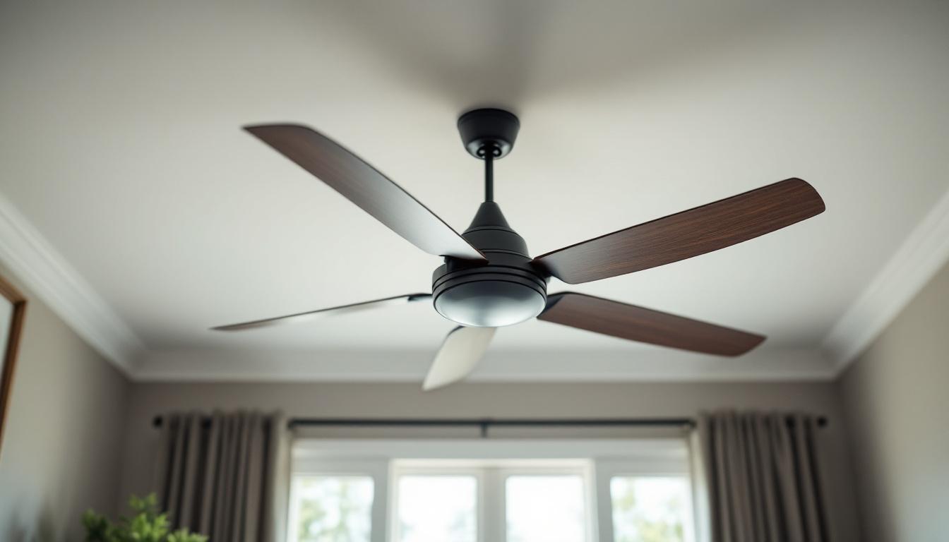 A photograph of a modern ceiling fan installed in a stylish room