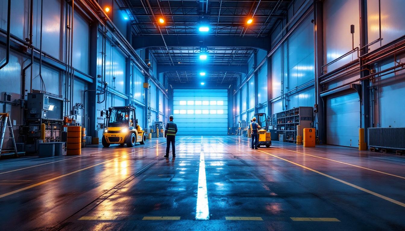 A photograph of a well-lit loading bay featuring vibrant dock lights in action