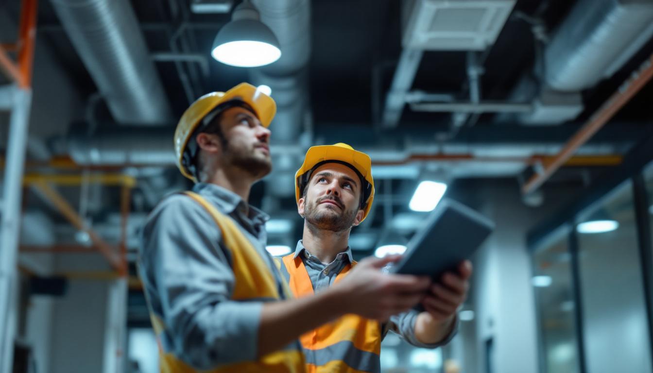 A photograph of a lighting engineer strategically installing emergency lighting fixtures in a commercial building