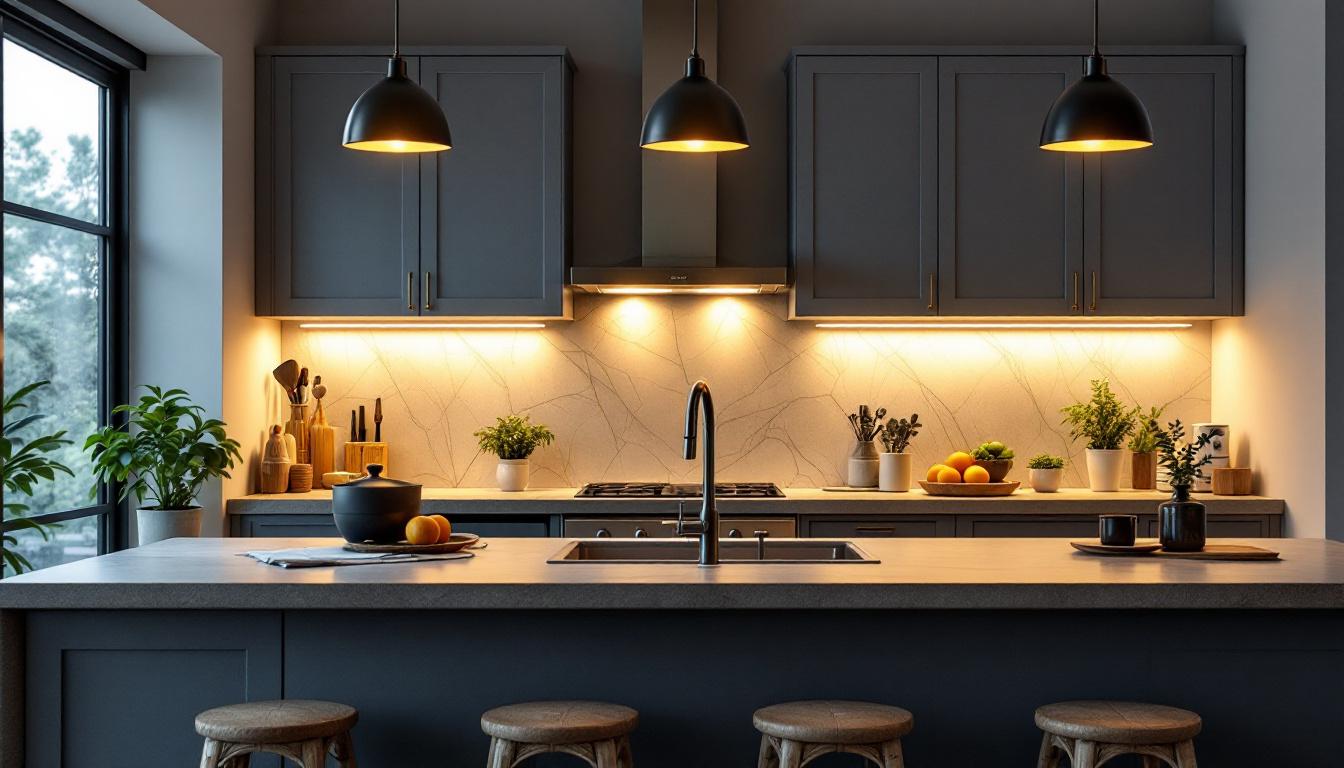 A photograph of a beautifully designed kitchen featuring sleek xenon under counter lights illuminating the workspace