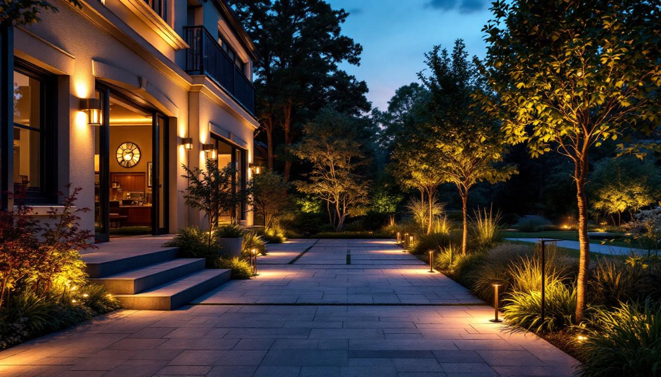 A photograph of a beautifully illuminated outdoor space featuring various led lighting designs