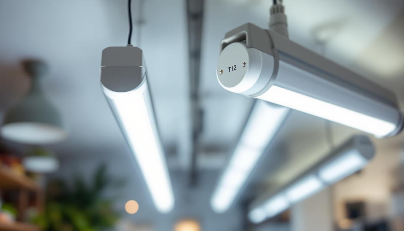 A photograph of a side-by-side comparison of t8 and t12 fluorescent light tubes