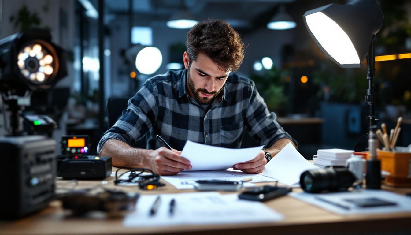 A photograph of a lighting engineer meticulously reviewing a checklist while surrounded by various leviton lighting products in a well-lit